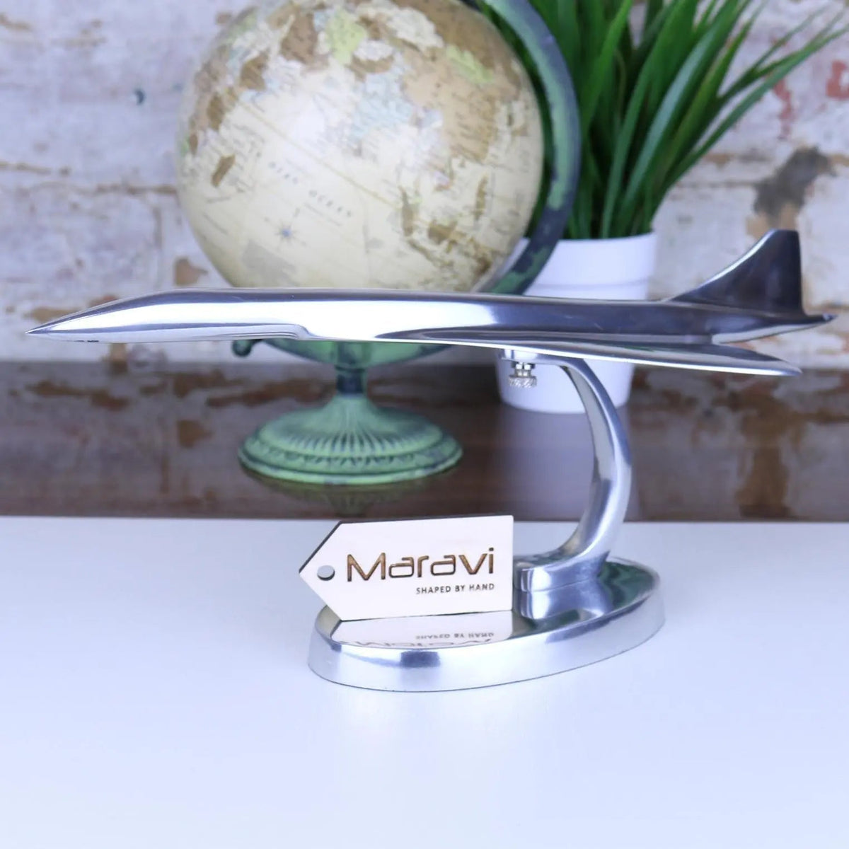 Shiny chrome-plated saran concorde plane model 31cm with sleek aerodynamic design and polished metallic finish