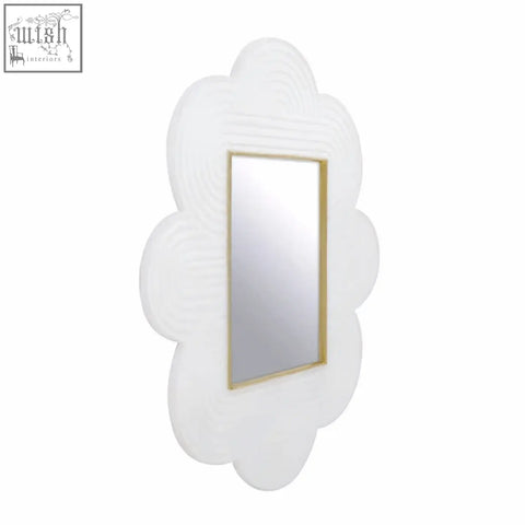 White cloud-shaped wall mirror with gold frame made of mango wood for stylish home decor use