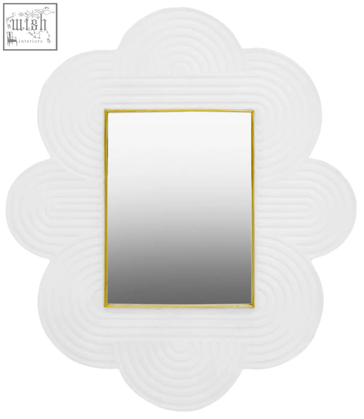 White cloud-shaped mango wood wall mirror with gold frame and concentric circular ridges for stylish decor