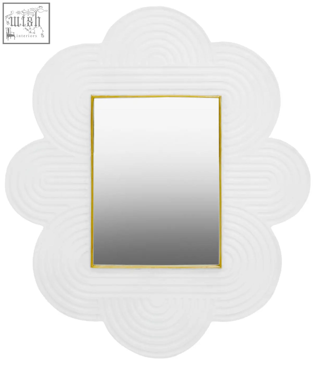 White cloud-shaped mango wood wall mirror with gold frame and concentric circular ridges for stylish decor
