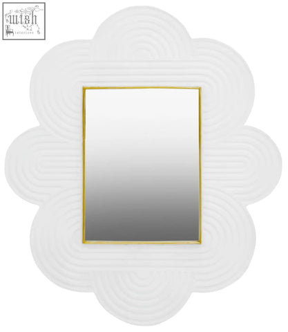 White cloud-shaped mango wood wall mirror with gold frame and concentric circular ridges for stylish decor