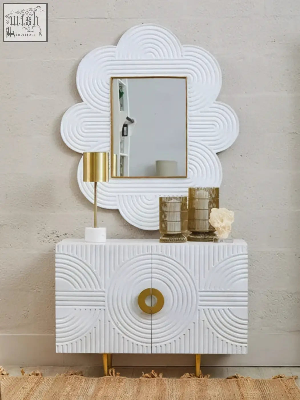 White console table with gold hardware and mango wood wall mirror with concentric circular embossing design