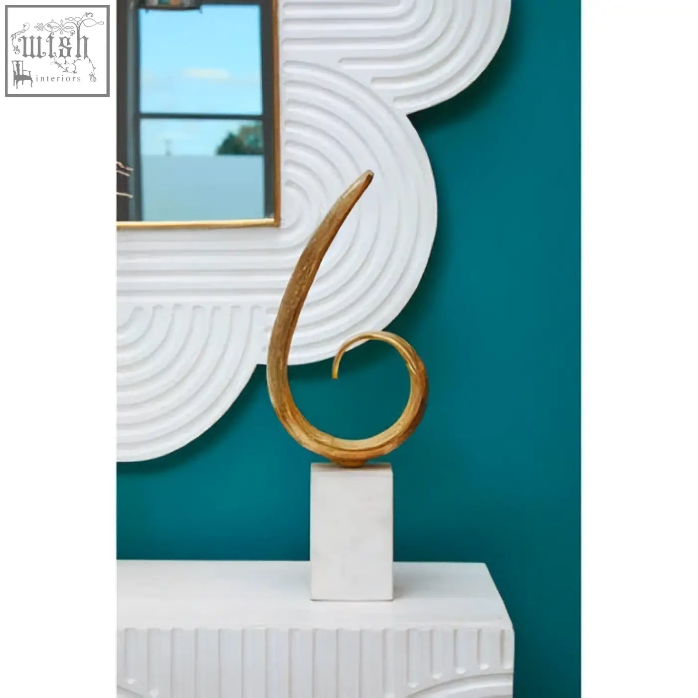 Golden sculpted number six on white marble base as decorative piece for mango wood wall mirror by saras