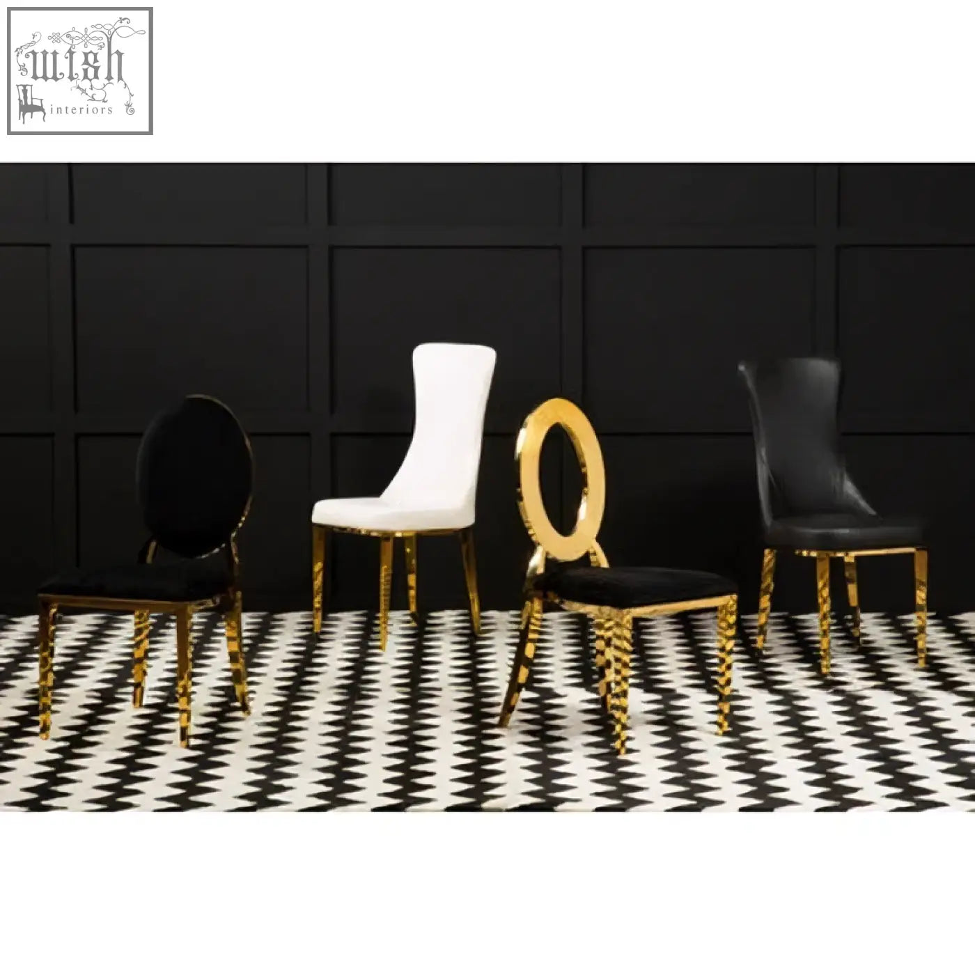 Sarita stackable gold dining chair with elegant curved legs and black and white upholstered stackable gold frame seats