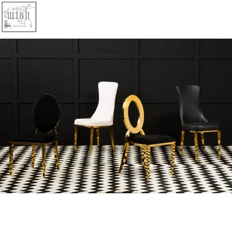 Sarita stackable gold dining chair with elegant curved legs and black and white upholstered stackable gold frame seats