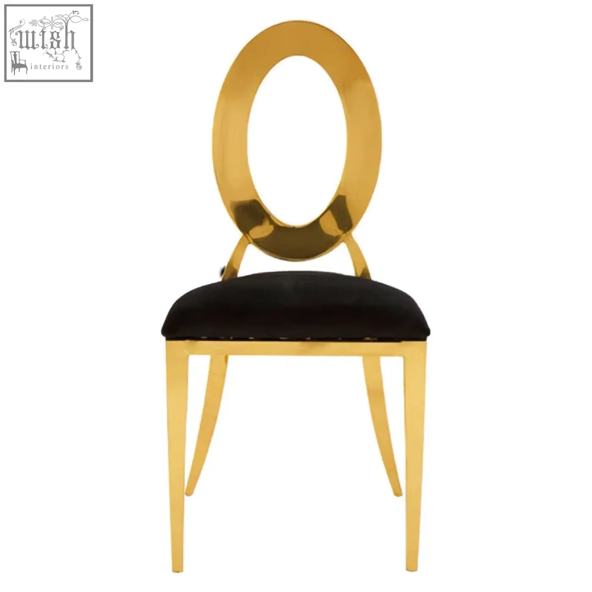 Gold finished metal sarita stackable gold frame dining chair with black velvet seat and oval backrest