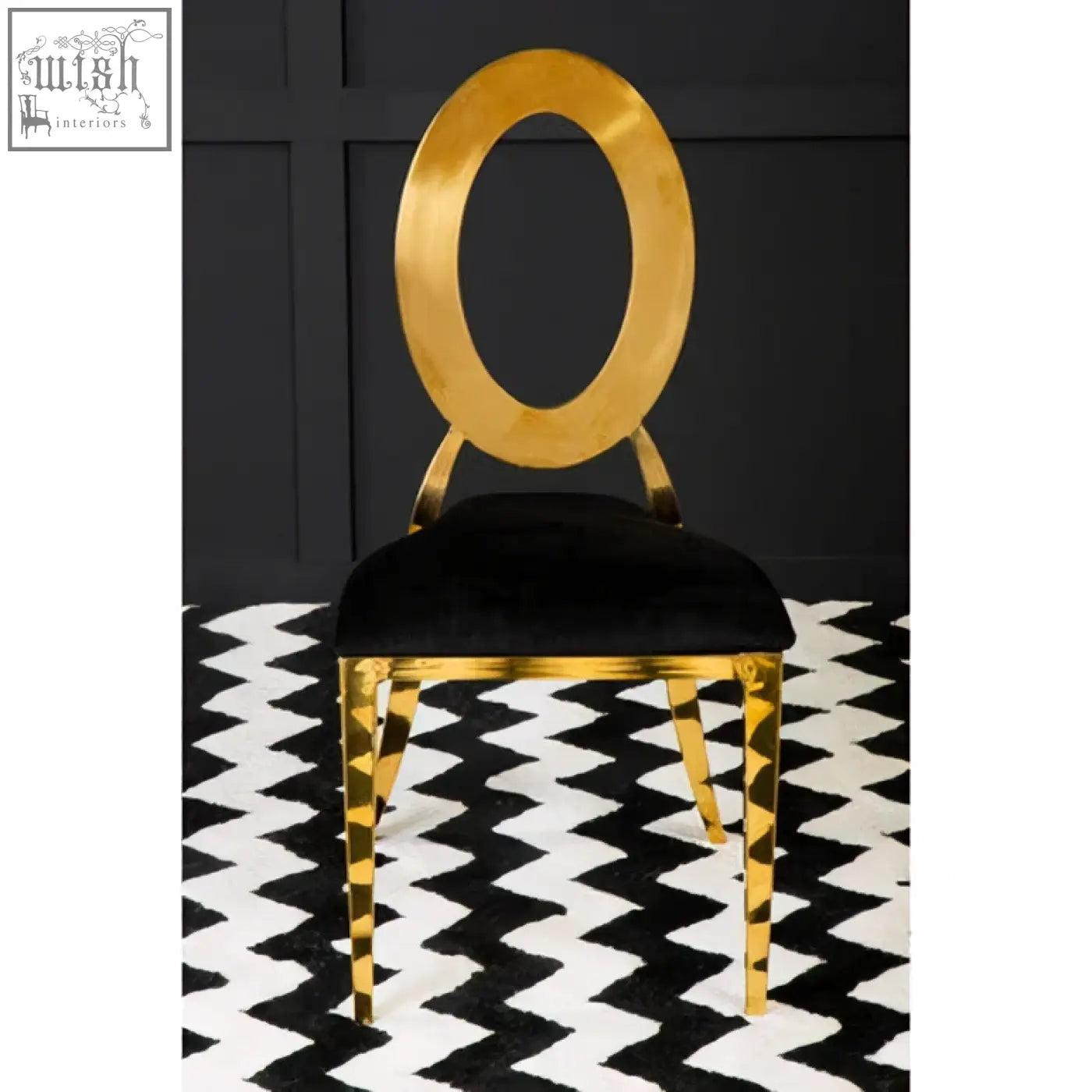 Sarita stackable gold frame dining chair with sleek oval gold frame and black velvet seat for stylish dining spaces