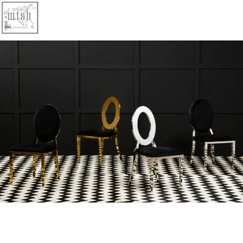 Black velvet padded sarita stackable silver frame dining chair with gold and white oval velvet padded seat backrest