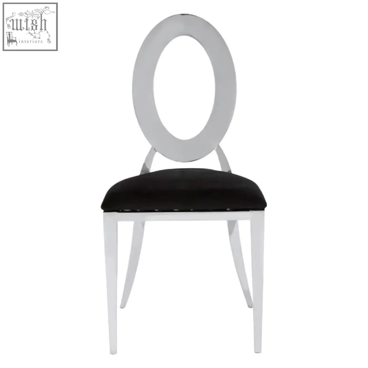 White oval-backed sarita stackable silver dining chair with black velvet padded seat for stylish comfort