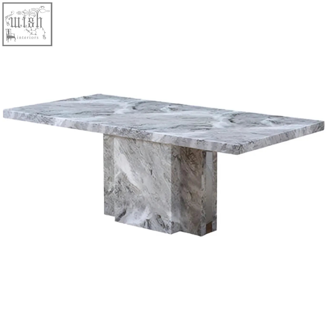 Saronno grey marble dining table with sleek rectangular top and sturdy pedestal base perfect for dining room