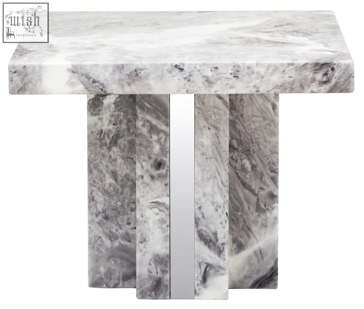 Saronno grey marble side table with sleek grey marble top and three vertical stone pillars in modern design