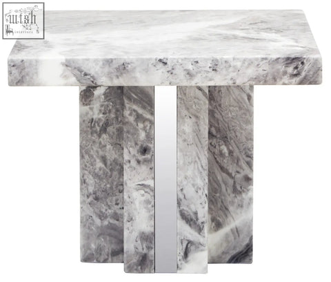 Saronno grey marble side table with sleek grey marble top and three vertical stone pillars in modern design