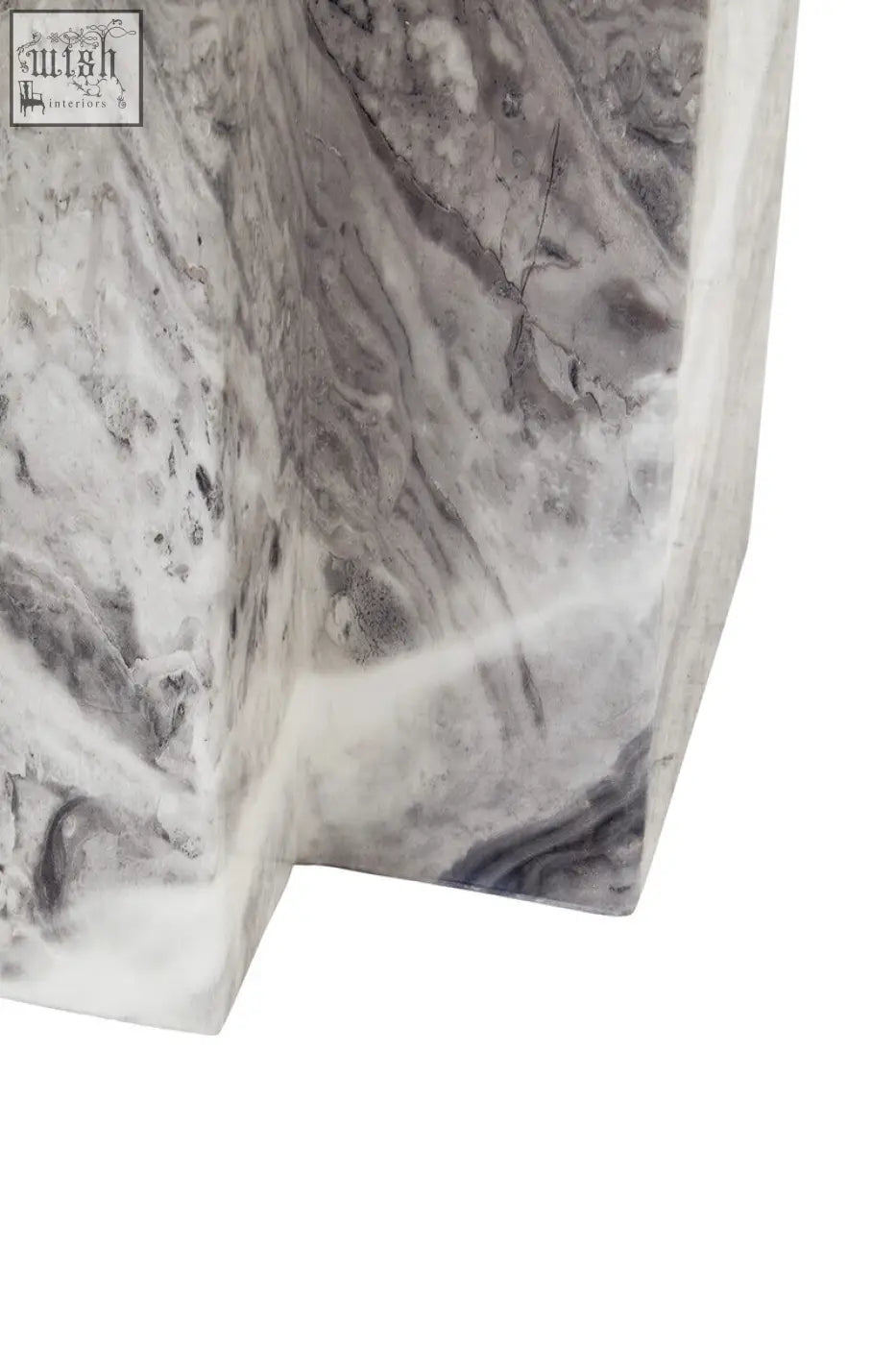 Sleek saronno grey marble side table with polished surface and natural veining on sturdy stainless steel base