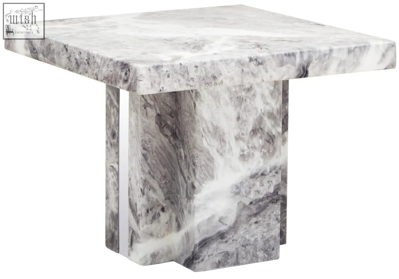 Square marble end table in saronno grey marble with swirling grey marble veining and sleek stainless steel base