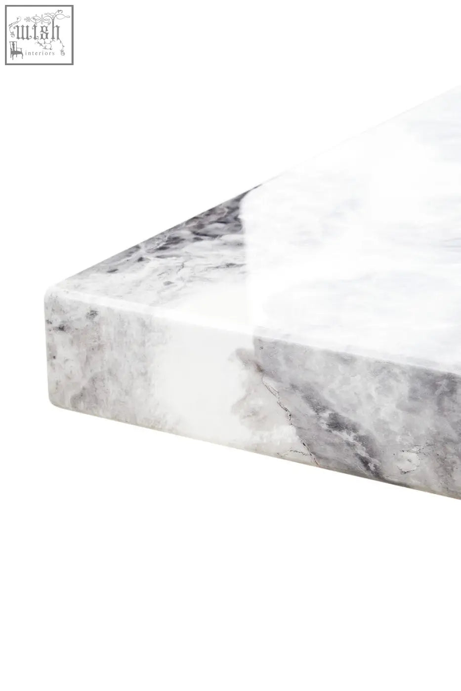 Saronno grey marble side table with a smooth white and grey marble countertop and stainless steel base