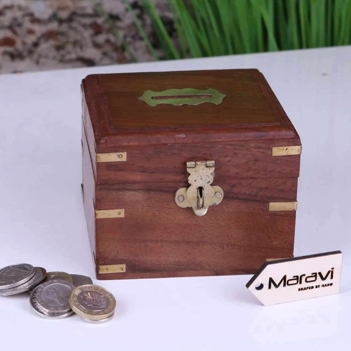 Sasa wooden money box with rustic wood, brass accents, green slot, and vintage latch for saving wooden money