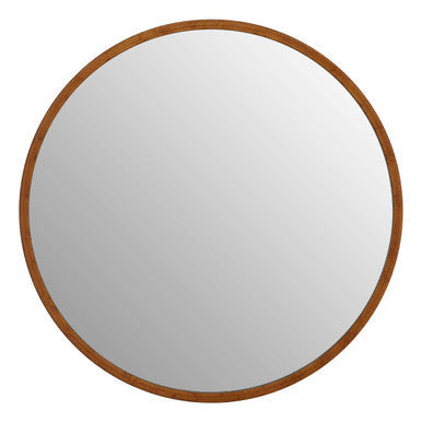 Round saska antique gold finish wall mirror with warm natural wood frame perfect for stylish home decor