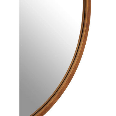 Round mirror with wood-toned frame featuring an antique gold finish wall design for stylish decor