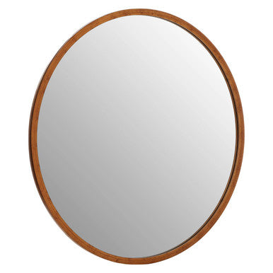 Round wooden-framed saska wall mirror with warm natural finish and elegant antique gold finish for stylish decor