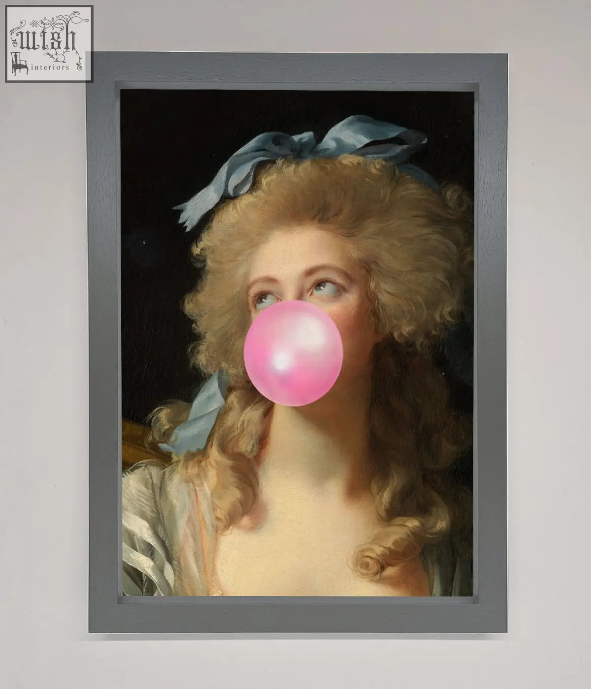 A sass queen framed print featuring a woman with blonde curls and a bright pink bubblegum bubble in blue ribbon