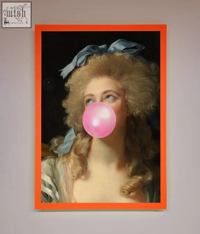 A sass queen framed print with a vibrant orange frame featuring a classical woman blowing a pink bubblegum bubble