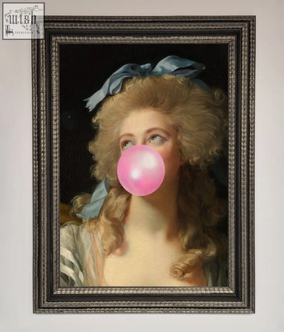 A sass queen framed print showing a classical portrait of a blonde woman with a blue ribbon and pink bubblegum bubble
