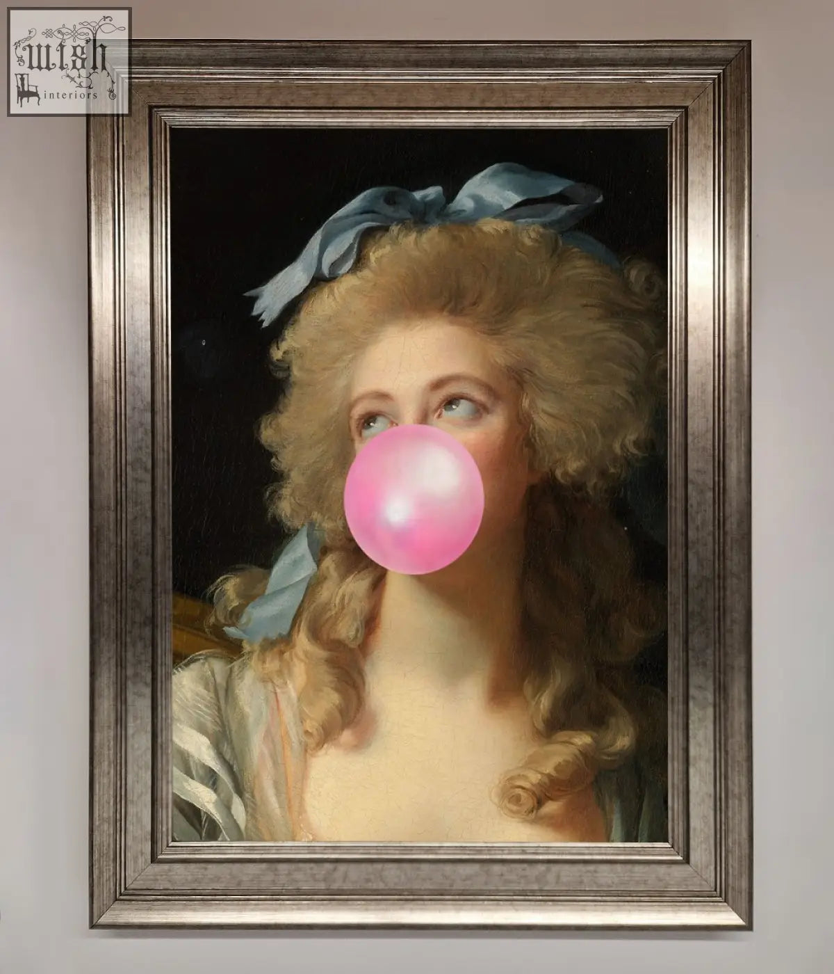 A sass queen framed print featuring a classic portrait of a blonde woman blowing a bright pink bubblegum bubble
