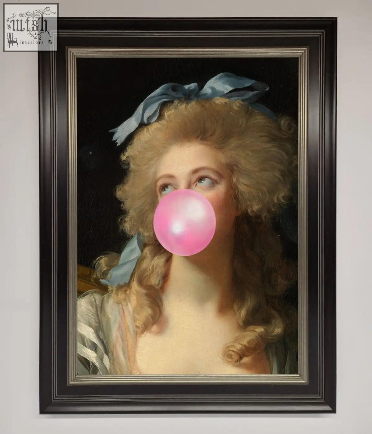 A sass queen framed print featuring a classical portrait of a blonde woman with a bright pink bubblegum bubble