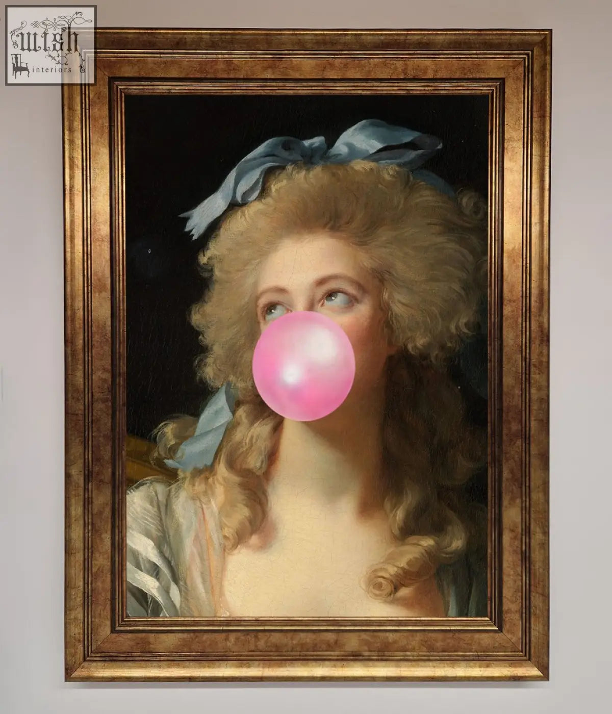 A sass queen framed print showing a classical portrait with a pink bubblegum bubble over the mouth in an ornate gold frame