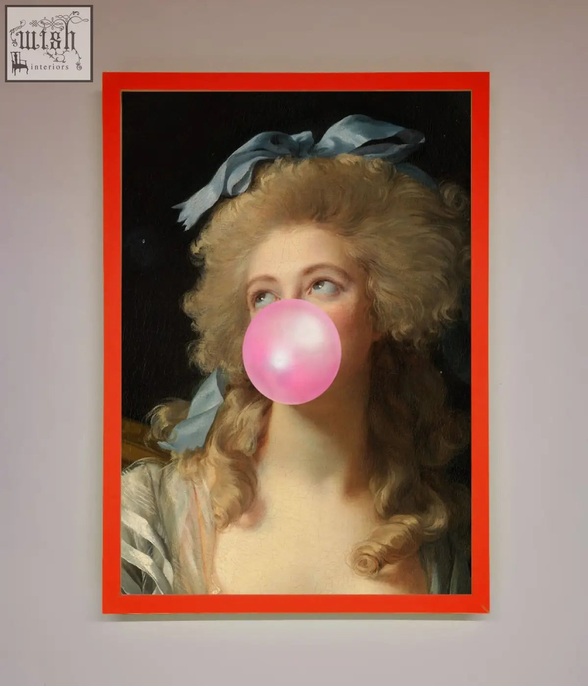 A sass queen framed print showing a classical portrait of a woman with blonde curls blowing a pink bubblegum bubble