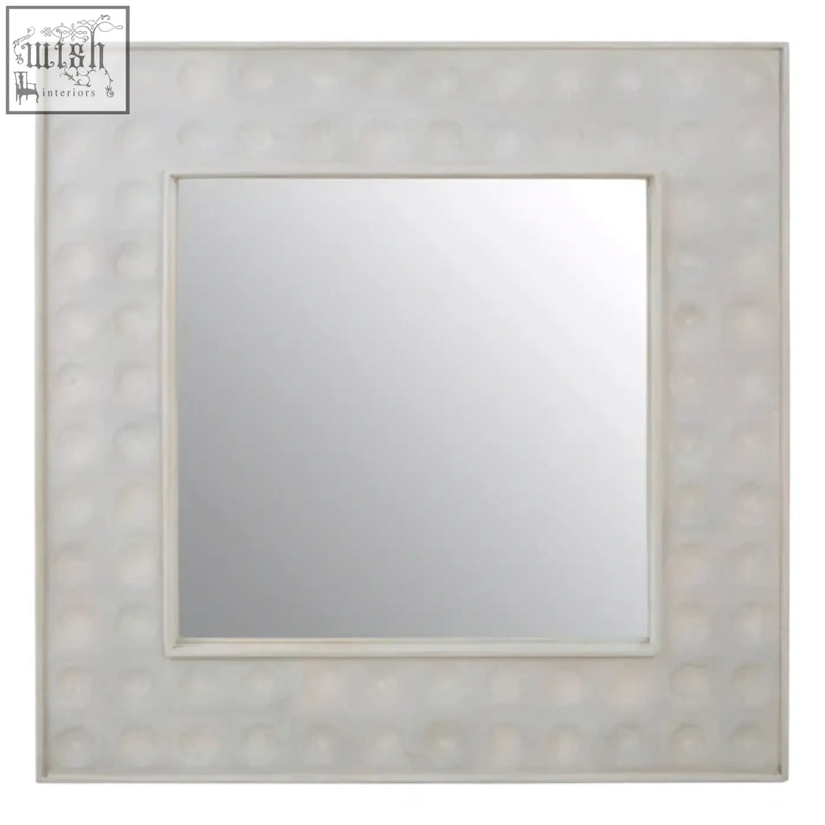 Silver-toned satara wall mirror with a square hammered metal frame featuring circular indentations for wall decor