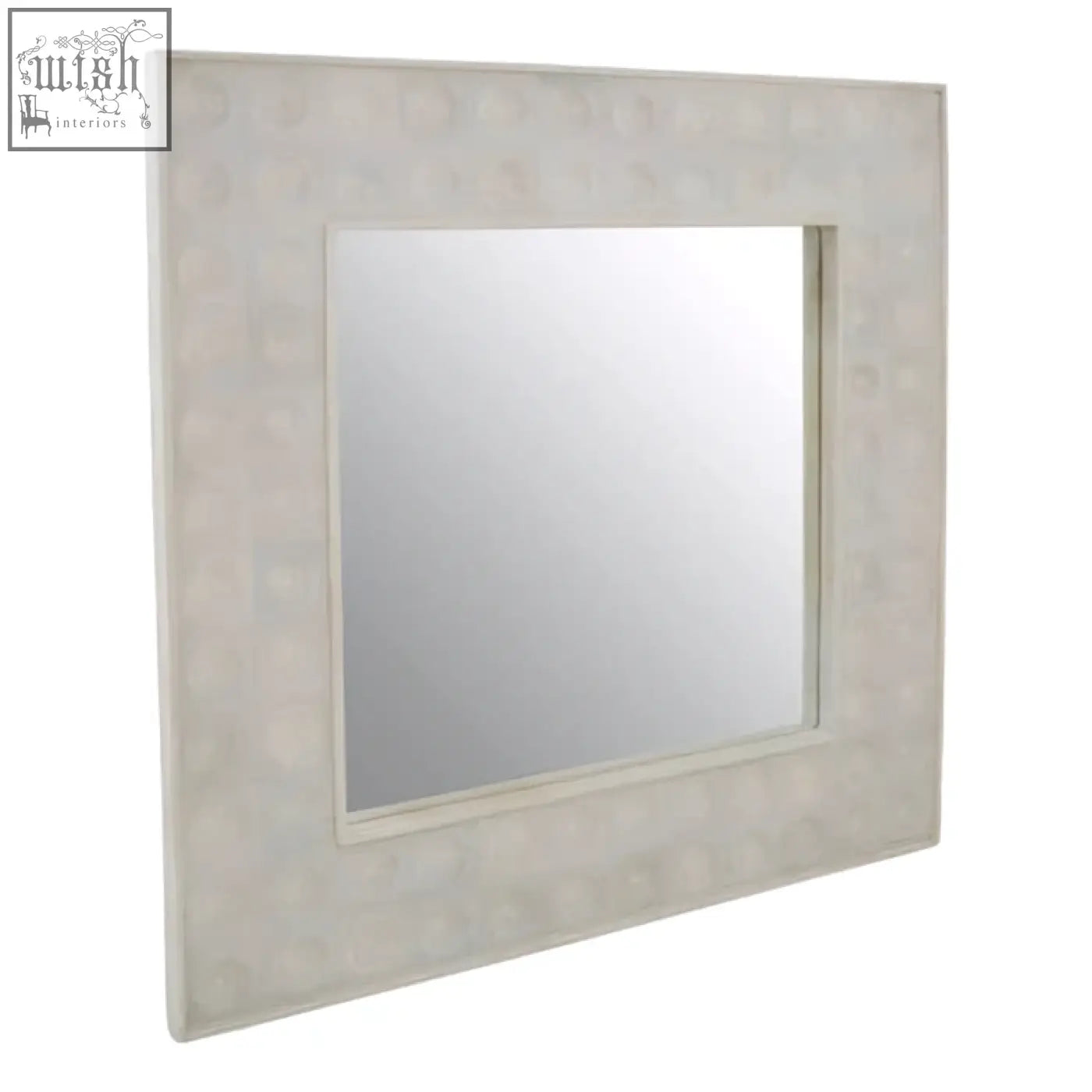 Square satara wall mirror with textured off-white frame made of natural bone or shell material for stylish walls
