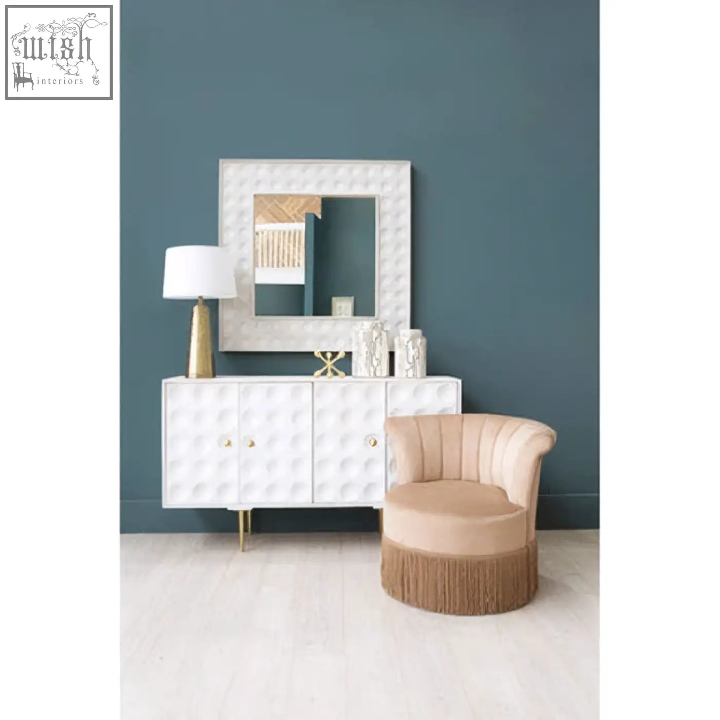 White quilted satara wall mirror with rectangular frame and decorative beveled edges perfect for any wall mirror setup