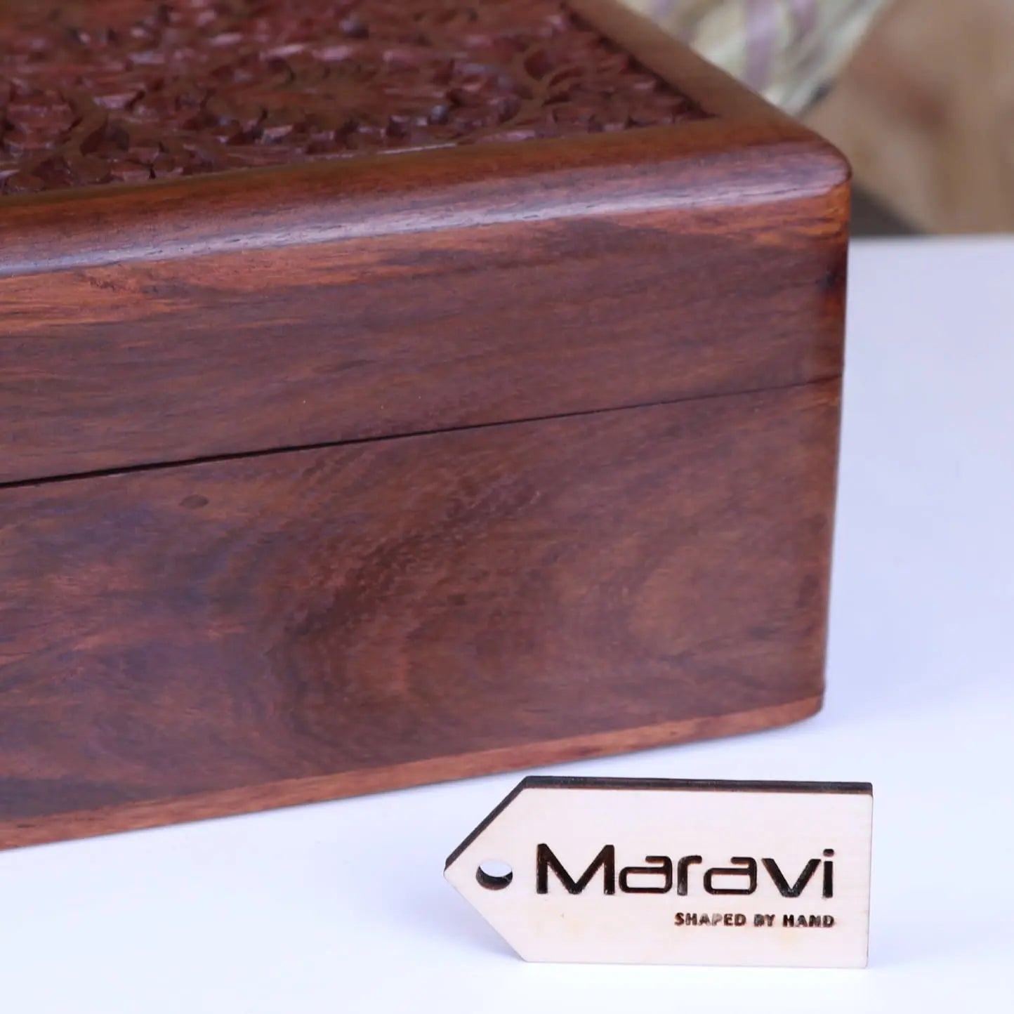 Sateek large hand carved wooden box with rich dark brown color and intricate carved wooden box lid patterns