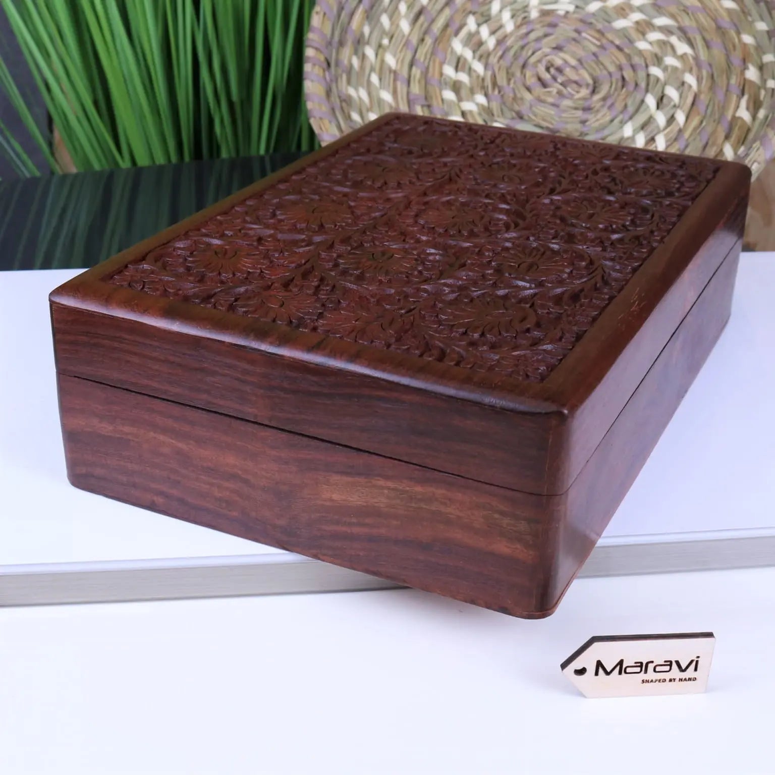 Sateek large hand carved wooden box in rich dark brown with intricate floral carvings on the lid wooden box