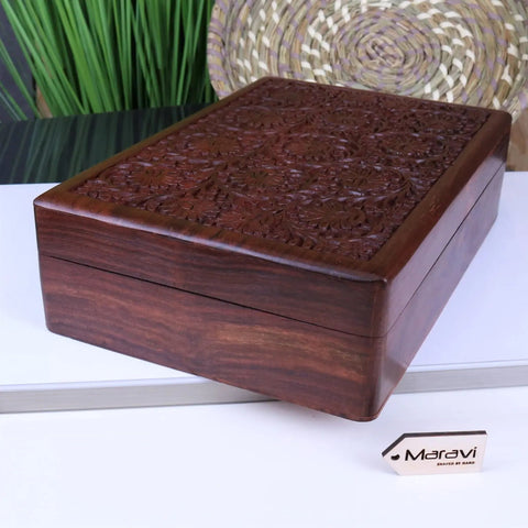 Sateek large hand carved wooden box in rich dark brown with intricate floral carvings on the lid wooden box