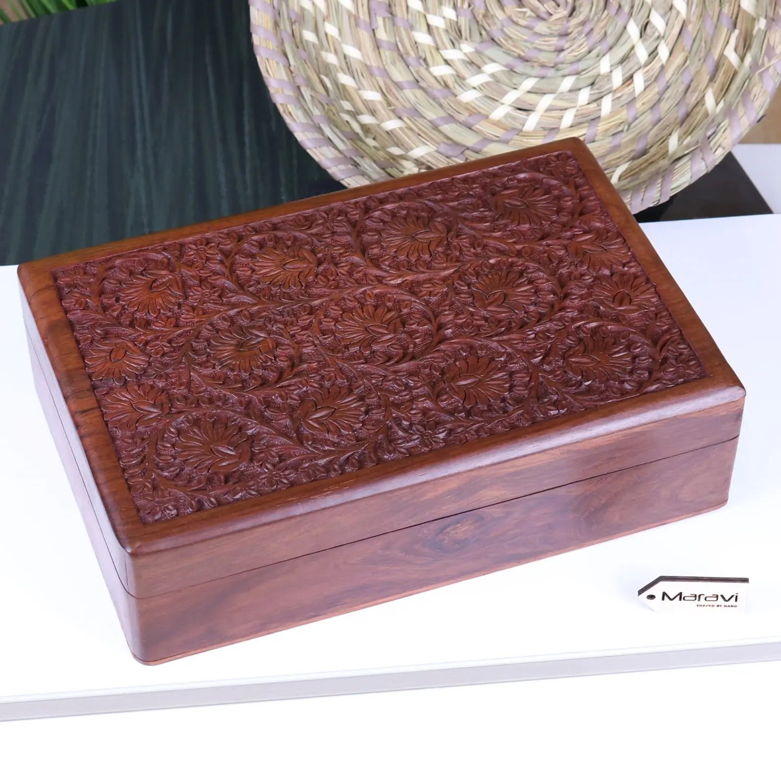 Rich mahogany hand carved wooden box with intricate floral carvings on the lid from sateek large wooden box