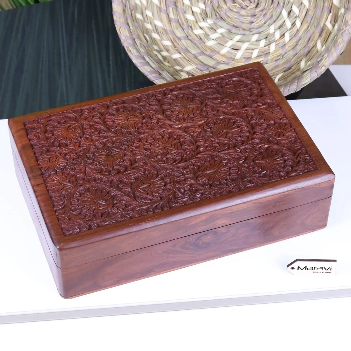 Rich mahogany hand carved wooden box with intricate floral carvings on the lid from sateek large wooden box