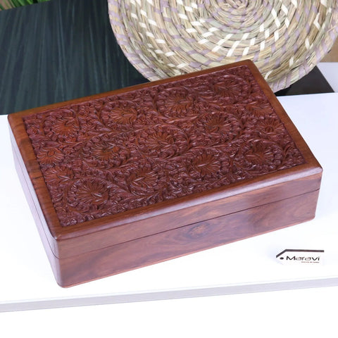 Rich mahogany hand carved wooden box with intricate floral carvings on the lid from sateek large wooden box