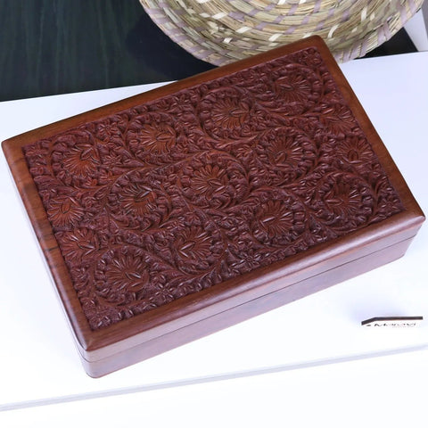 Sateek large hand carved wooden box in rich mahogany with intricate floral carvings on the lid wooden box