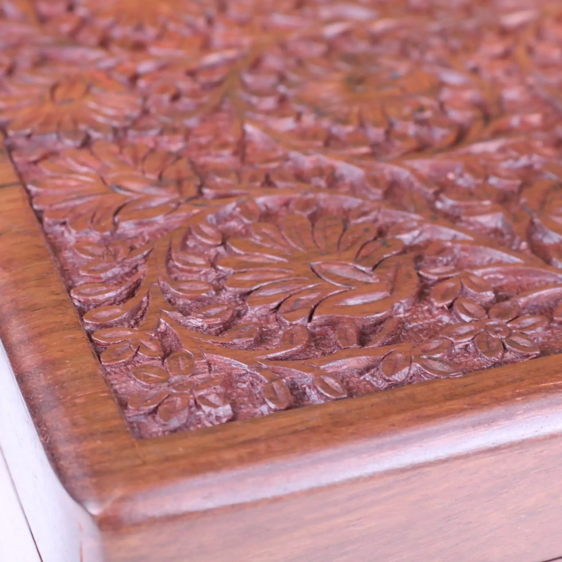 Sateek large hand carved wooden box with intricate floral patterns and warm reddish brown finish wooden box
