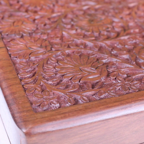 Sateek large hand carved wooden box with intricate floral patterns and warm reddish brown finish wooden box