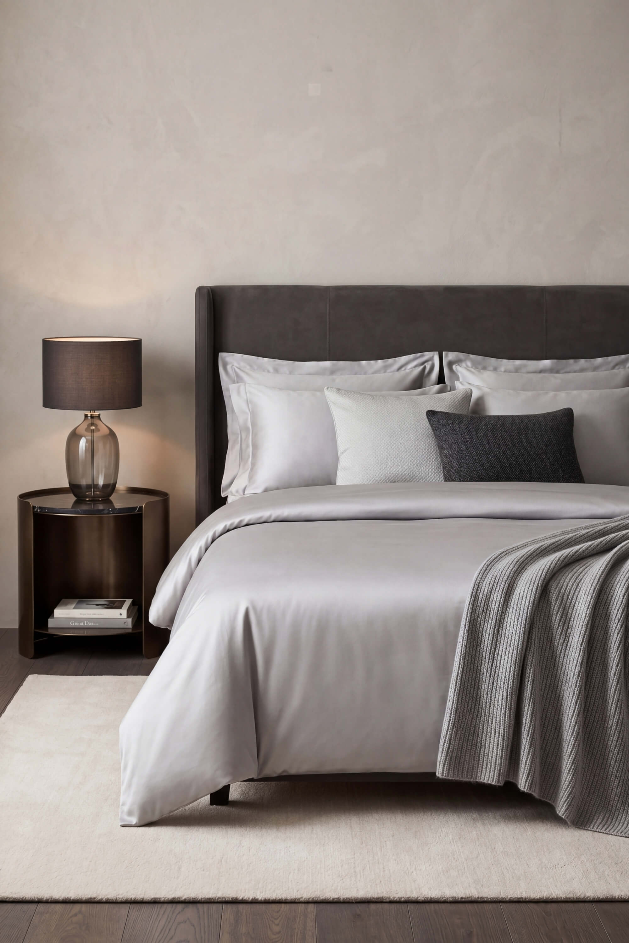 Gray upholstered bed with matching headboard and layered pillows styled with a sateen duvet cover set