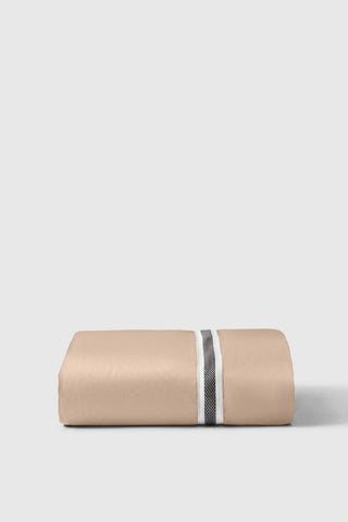 Beige cotton sateen fitted sheet with central white and black textured stripe perfect for any bed setup