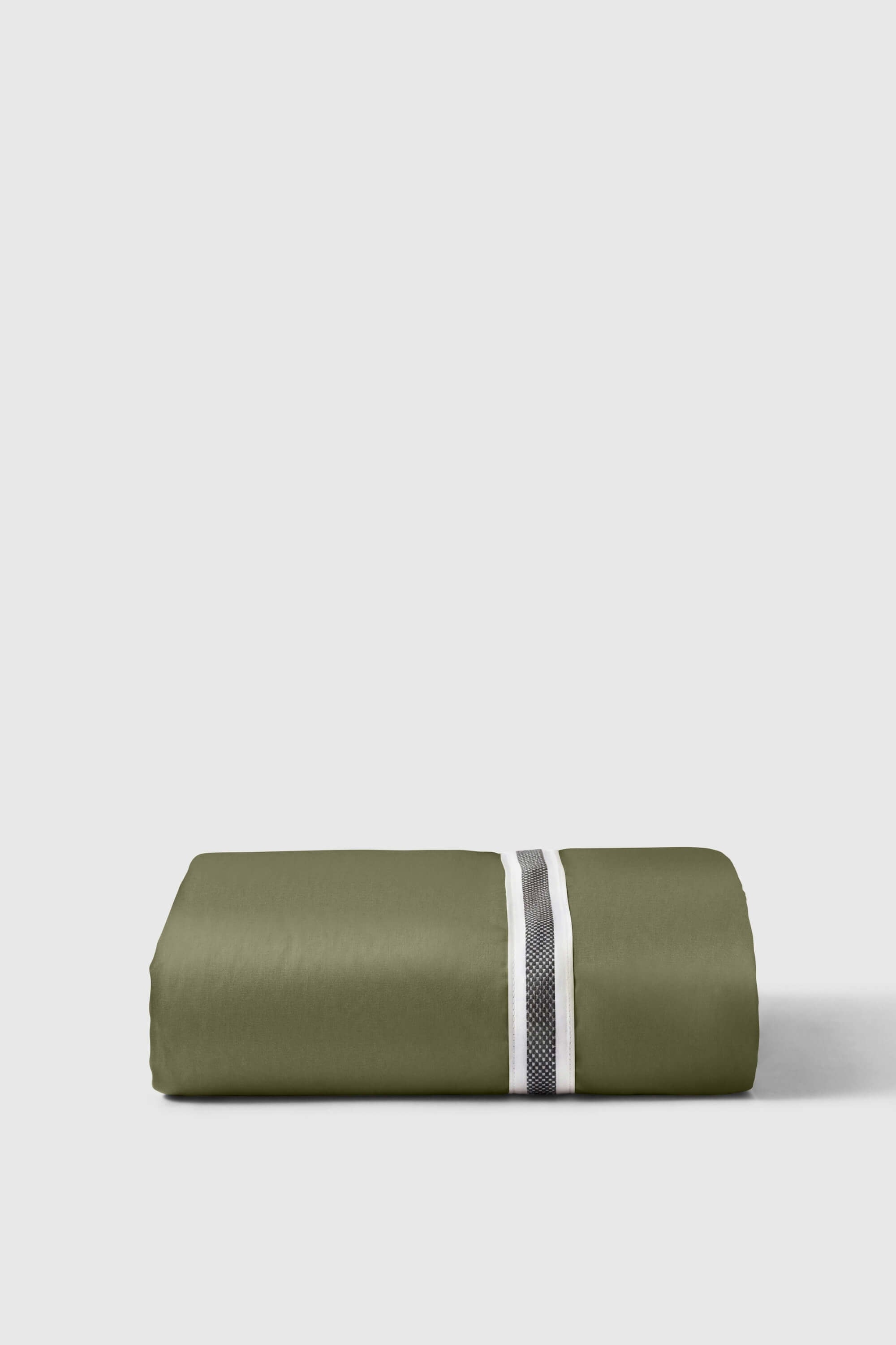Olive green satin sateen fitted sheet with white and silver striped band for a sleek comfortable fit