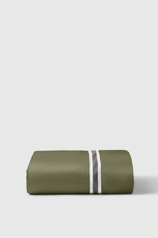 Olive green satin sateen fitted sheet with white and silver striped band for a sleek comfortable fit