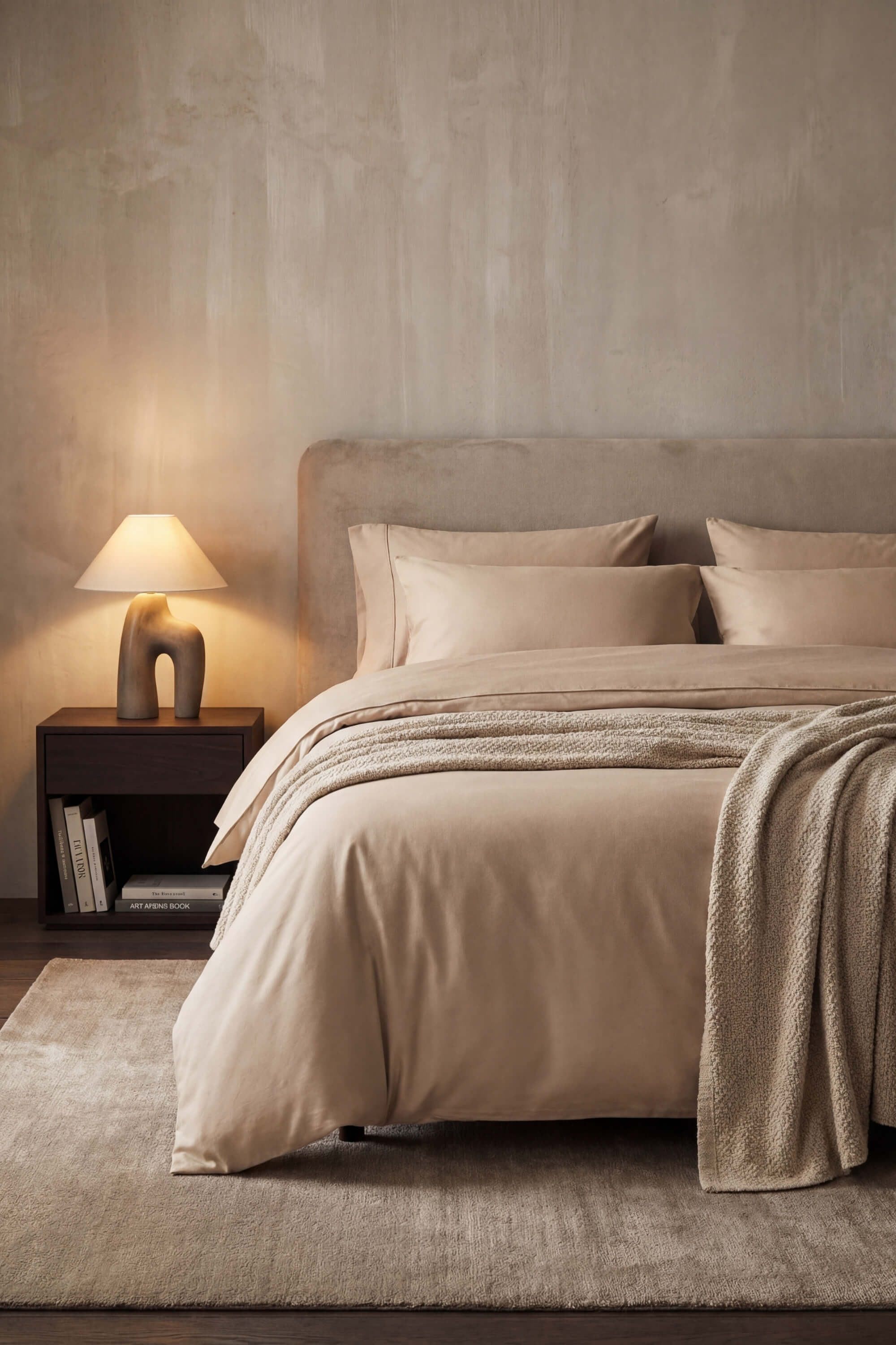 Beige upholstered bed with matching pillows and a textured throw blanket from the sateen move-in bedding set