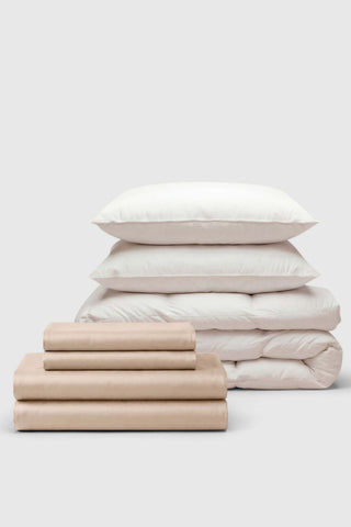 Beige and white cotton sateen bedding set with matching pillowcases perfect for move-in bedrooms