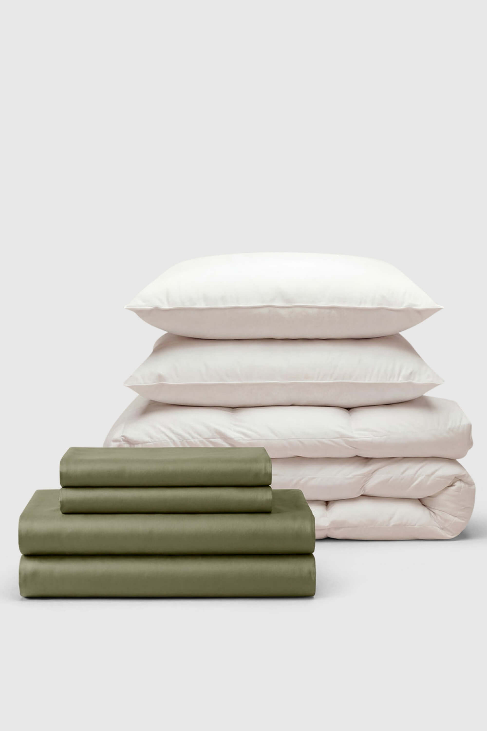 Olive green cotton sateen bedding set with matching pillowcases and white duvet perfect for move-in day