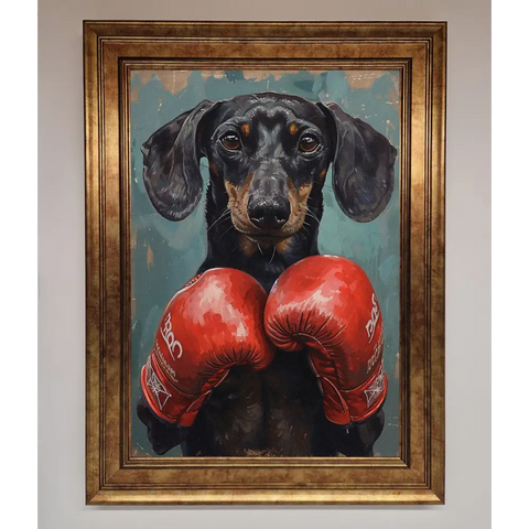 Sausage Dog Boxing Framed Print - A3 (29.7 x 42 cm) / Bronze - Framed Print